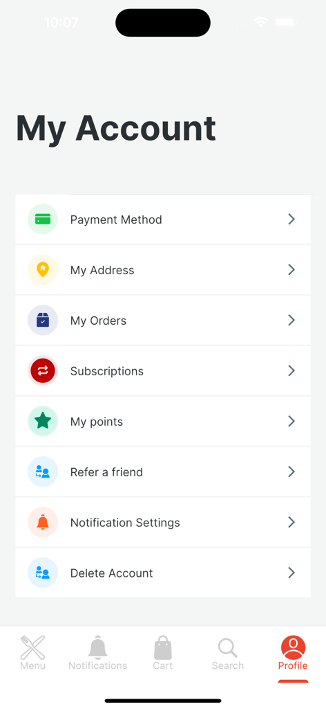 Eat Clean Chicago - The My Account screen of the Eat Clean Chicago app showing user profile options like subscriptions and orders
