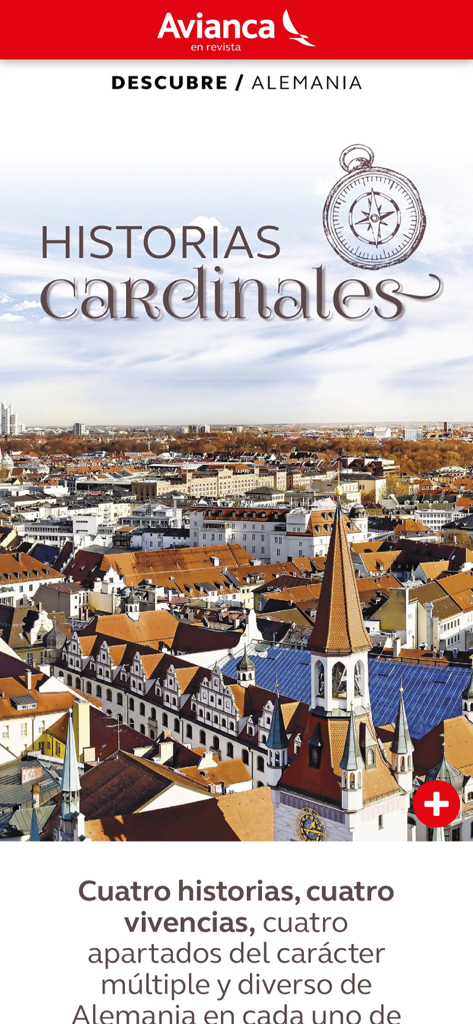 Avianca en Revista - Interfaccia dell'app Avianca en Revista che mostra un articolo di viaggio sulla Germania con una vista sullo skyline.