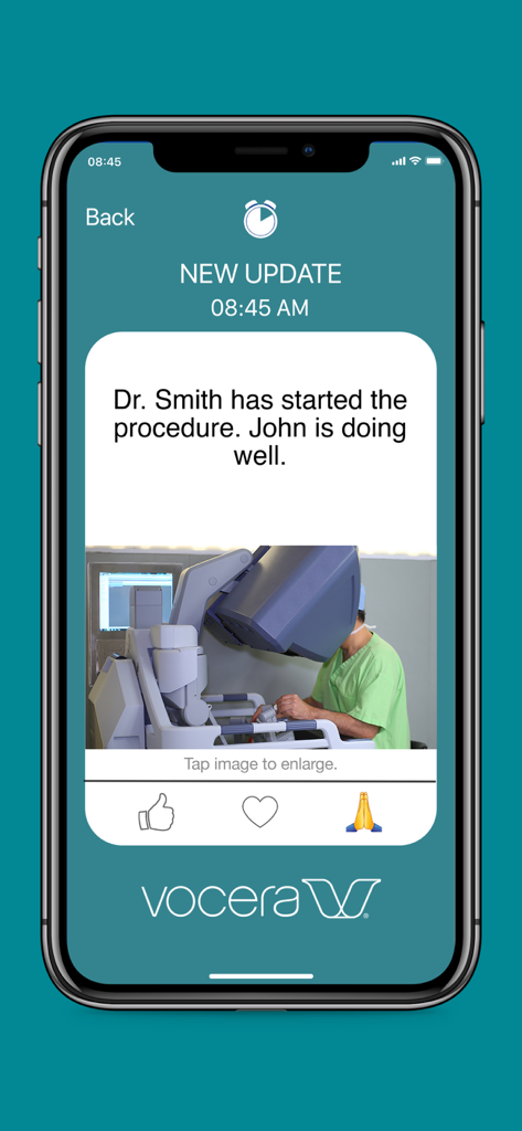 Ease Applications Messaging - Mobile screenshot of Ease Applications Messaging showing a real-time hospital update about a patients surgery.