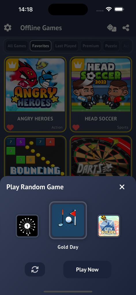 El menú principal de la aplicación Juegos sin conexión mostrando una ventana emergente de selección de Jugar juego aleatorio sobre una biblioteca de minijuegos.