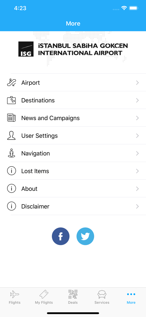 Sabiha Gökçen - Der Menübildschirm "Mehr" der App des internationalen Flughafens Sabiha Gokcen mit Optionen für Flughafen, Ziele und Navigation