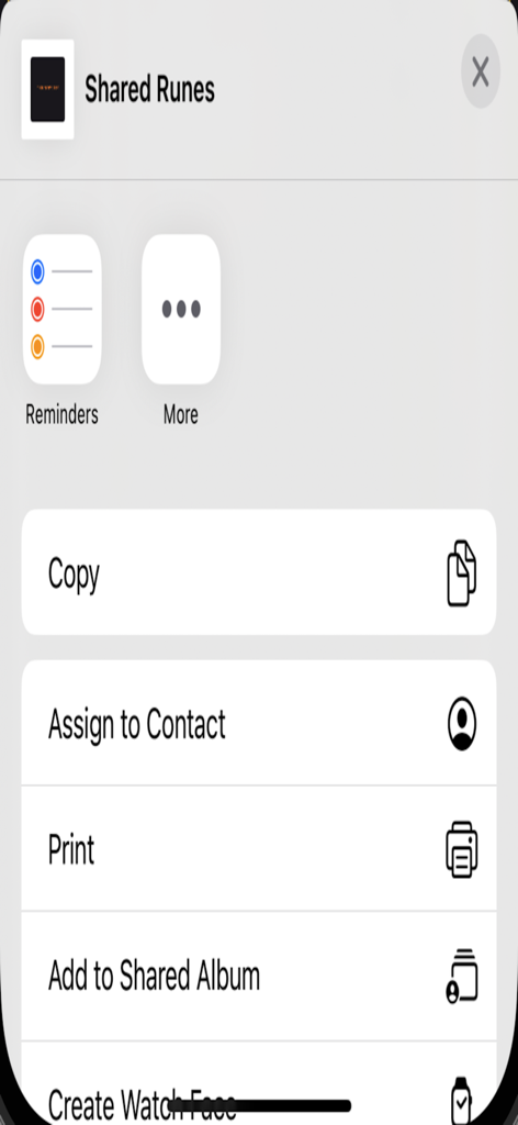 Menú de uso compartido de iOS en la aplicación Traductor de Runas mostrando varias opciones de exportación y uso compartido para texto rúnico