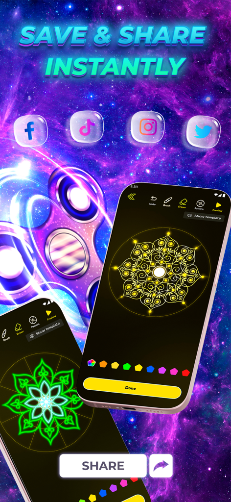 Screenshot der Magic Glow Art App, der Optionen zum Speichern und Teilen von leuchtenden Mandala-Designs auf Social-Media-Plattformen wie TikTok und Instagram anzeigt.