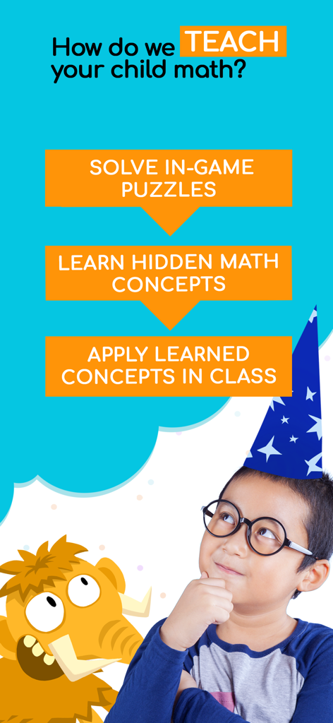 Math Makers: Kids School Games - A marketing graphic explaining the three steps of the Math Makers learning process from in-game puzzles to classroom application.