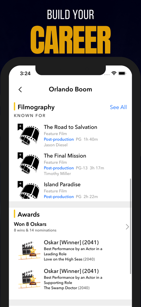 A career profile screen in Hollywood Movie Star Life Sim showing an actor's filmography and awards