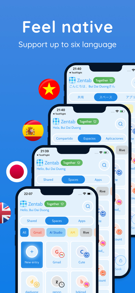 Zentab - Clone App Multi Login - Interfaz de la aplicación Zentab que demuestra el soporte multi-idioma en varias pantallas de iPhone.