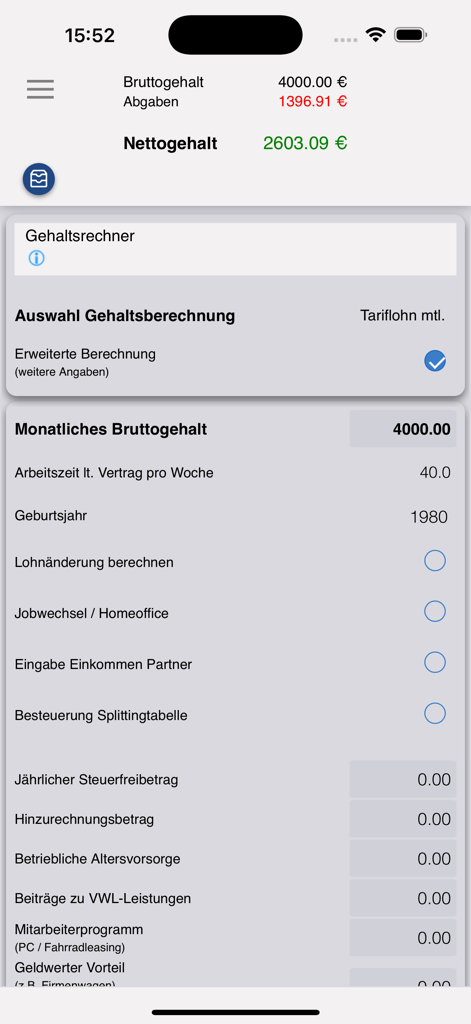 DER Gehaltsrechner - Interface do aplicativo de calculadora salarial alemã mostrando cálculo de salário bruto e líquido para uma renda mensal