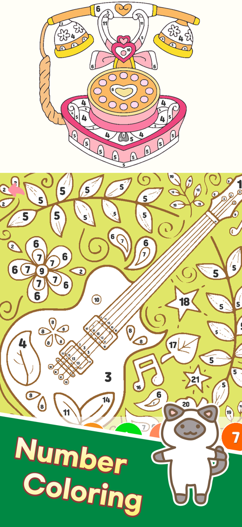 Color Town: My Lovely World - A color by number puzzle featuring a guitar and a cute cartoon cat