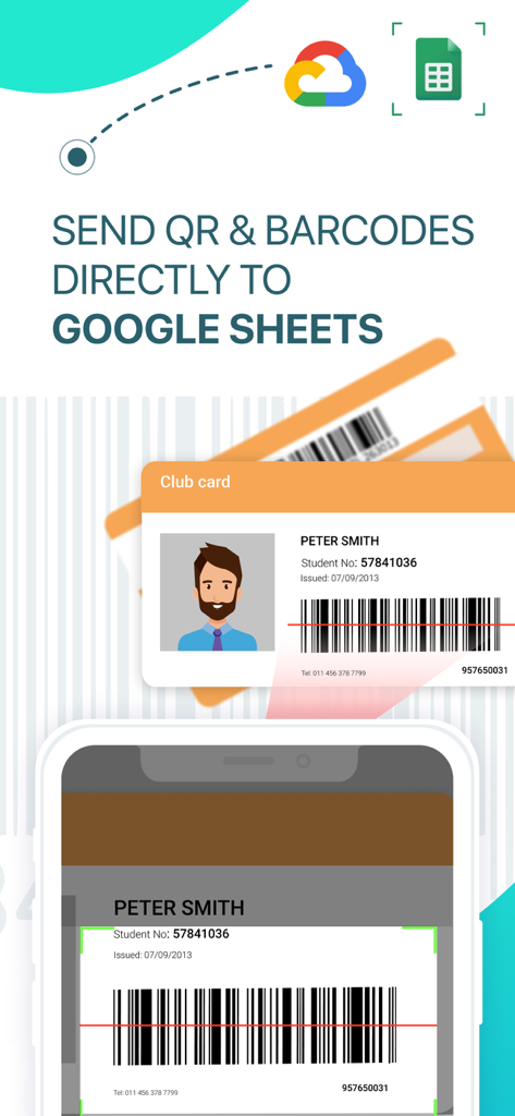 A smartphone scanning a barcode from an ID card to sync data with Google Sheets