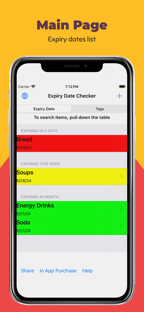 Main dashboard of the Expiry Date Checker app showing food items sorted by expiration urgency with color-coded categories.