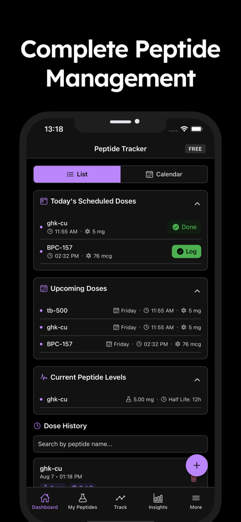 Peptide Tracker & Calculator - Dashboard of the Peptide Tracker app displaying scheduled doses and current peptide levels
