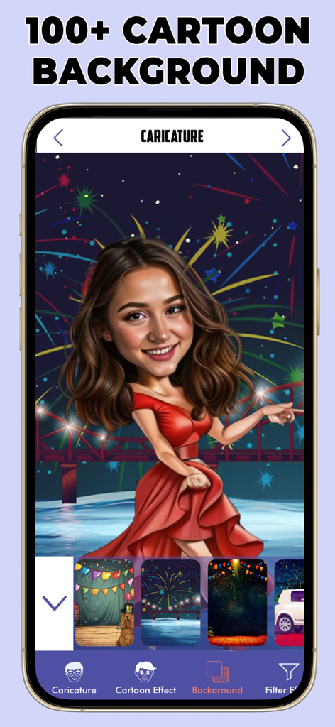 Photo To Caricature Maker - AI生成似顔絵用の100以上の漫画背景を表示するモバイルアプリインターフェース