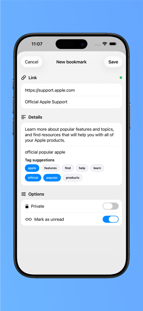 Pinmate for Pinboard - Adding a new bookmark in the Pinmate app with URL title and tags