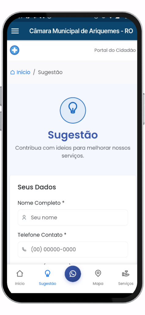 Câmara de Ariquemes +você - Interface do aplicativo móvel Camara de Ariquemes mostrando um formulário de sugestão para que os cidadãos forneçam feedback.
