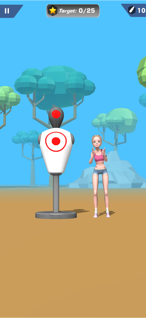 Shooting Master 3D Sniper Game - Gameplay screenshot of Shooting Master 3D showing a training target dummy and a cheering character in a forest environment