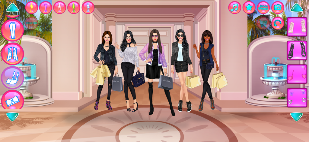 Girl Squad - BFF Fashion Games - Five fashionable dolls holding shopping bags in a dress up game.