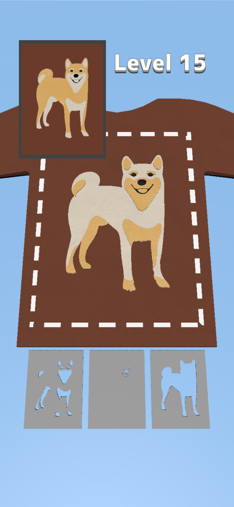Masking Print - Screenshot of Masking Print game showing a dog design being painted on a brown T-shirt at level 15