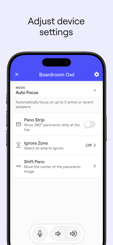 Meeting Owl app interface for adjusting boardroom camera and speaker focus settings.