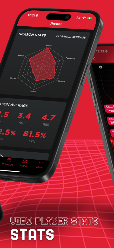A smartphone screen showing the Houston Rockets official app with player season statistics and a performance radar chart.