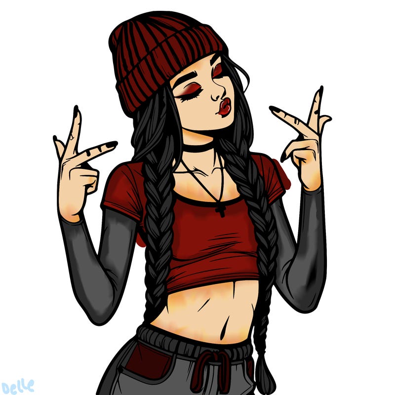 realistic teenage girl with braids and a beanie and crop top doing 🫶🏼
