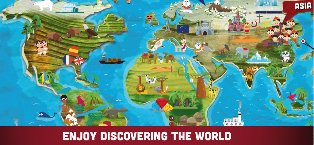 An interactive world map for kids featuring animals landmarks and cultural icons