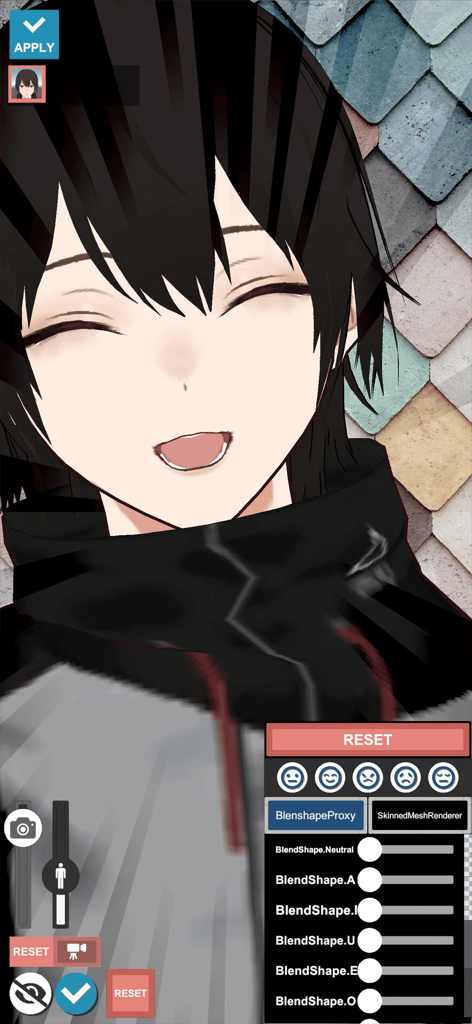 VRM Posing Mobile - Interface for editing an anime character's facial expressions using blend shape sliders in the VRM Posing Mobile app