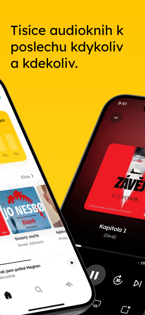 Elredo Audioknihy - Elredo Audioknihy mobile app screens displaying the audiobook library and active player interface