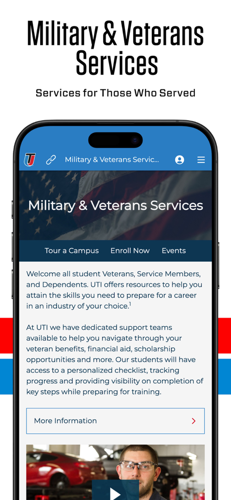 UTI Go app interface showing military and veteran student support services and benefits