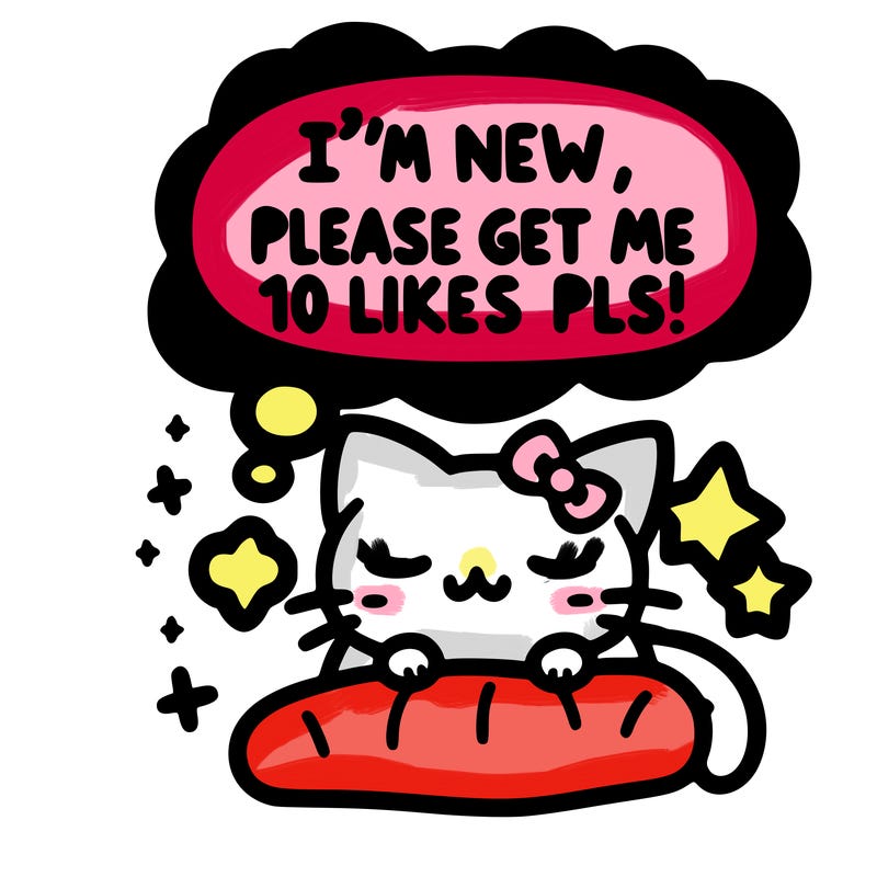 kitty taking a nap dream talking and saying "i'm new, please get me at least 10 likes pls!!"