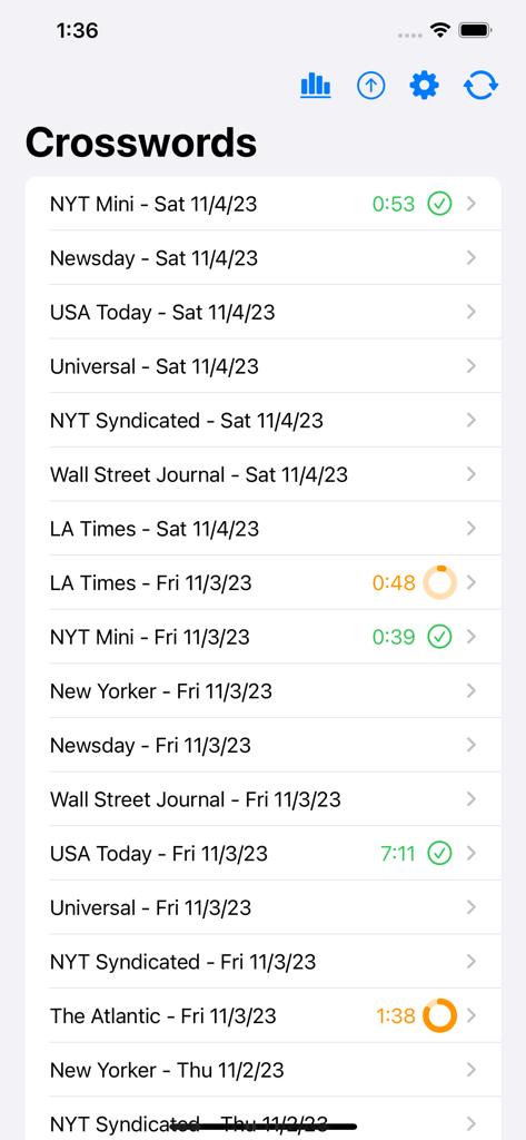 Omni Crosswords - A list of daily crossword puzzles from major publications like NYT, USA Today, and LA Times with completion times and status indicators.
