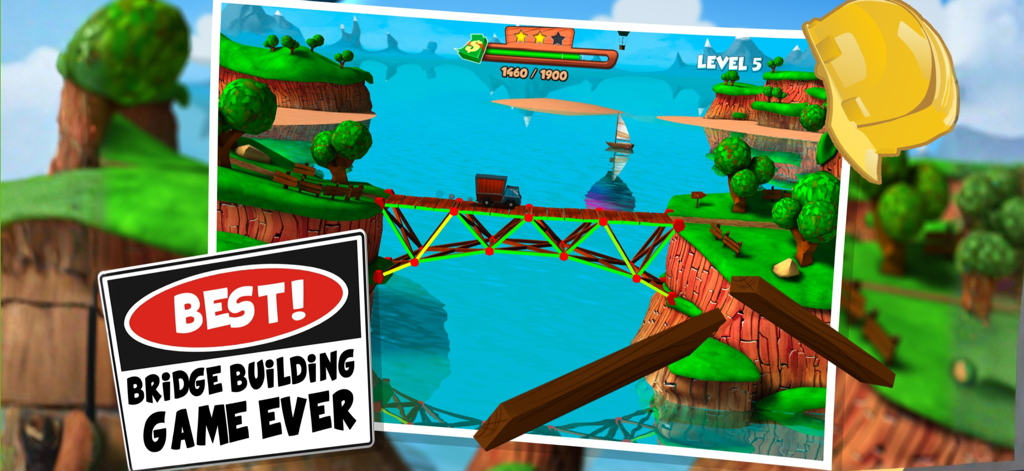 Bridge Builder Simulator - A truck crossing a custom-built bridge in the Bridge Builder Simulator game with physics based puzzle UI