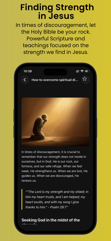 Una pantalla de aplicación móvil que muestra un devocional diario sobre cómo encontrar fuerza en Jesús con un versículo de la Biblia