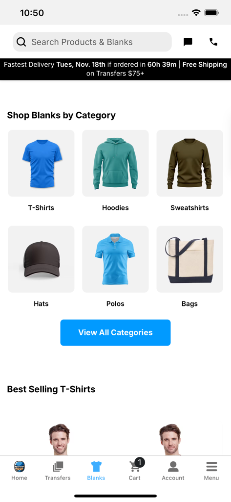 The Ninja Transfers app interface showing various blank apparel categories including t-shirts, hoodies, and hats for custom printing.