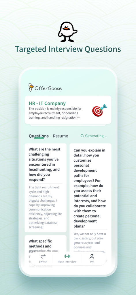 OfferGoose-AI Resume&Interview - OfferGoose mobile app screen displaying AI-generated targeted interview questions and draft answers for an HR professional role in an IT company