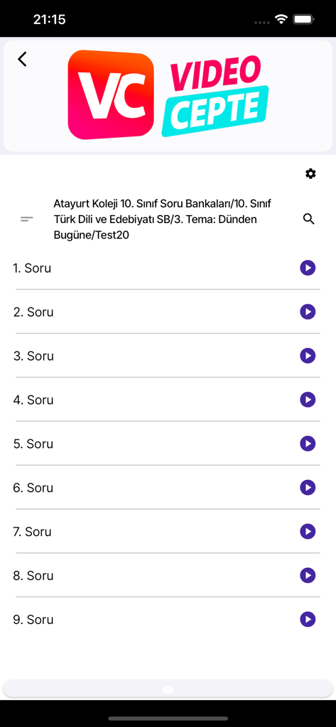 Video Cepte - Video Cepte app question list screen displaying video solutions for high school Turkish language and literature tests.