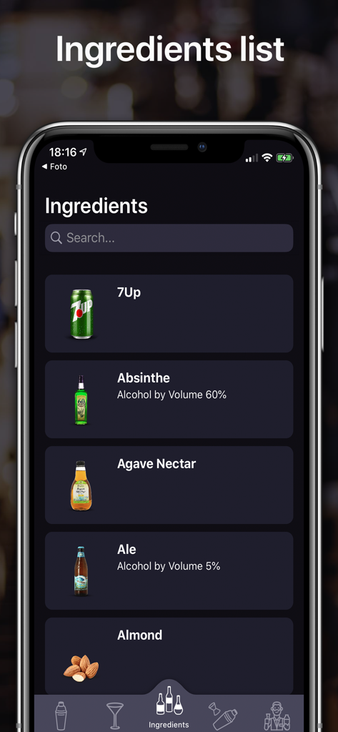 Mobile app interface displaying a searchable list of cocktail ingredients including spirits mixers and garnishes