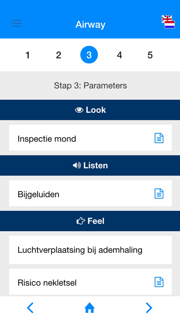 ABCDE app - Interface of the ABCDE medical app showing step three of airway assessment with categories for look listen and feel