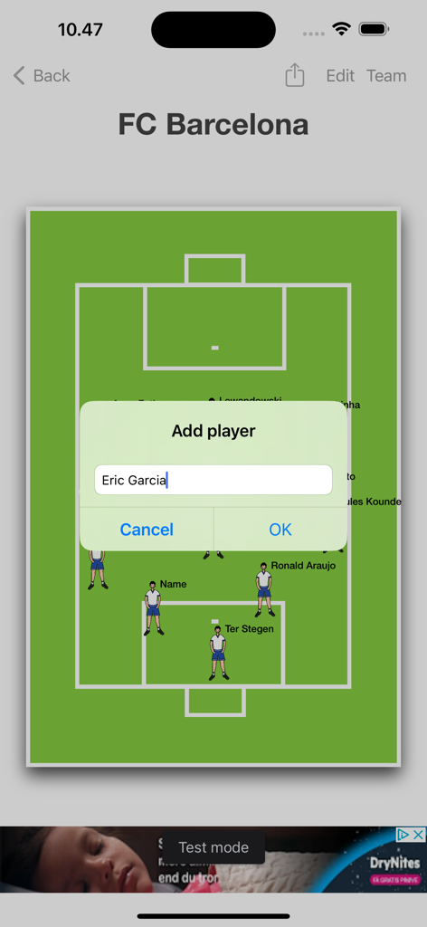 Interface for adding a player to a custom football team lineup on a tactical field