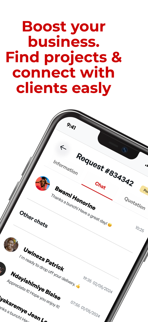 Ziramba - Ziramba app interface for professionals to chat with clients and manage construction project requests