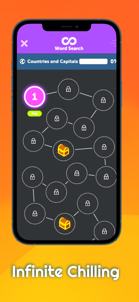 Progression mode level map screen in Infinite Word Search Puzzles app.