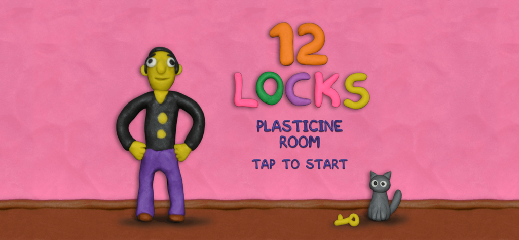 Der Startbildschirm von 12 LOCKS mit einer Knetfigur und einer Katze in einem pinken Plastilin-Raum.