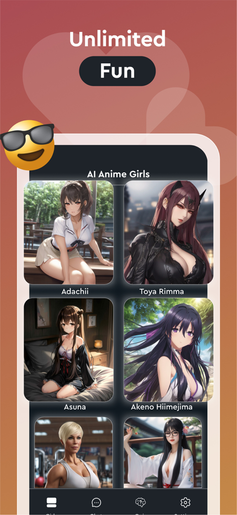 A selection screen from the Waifu Chat app featuring various anime AI girlfriend characters for chat and roleplay.