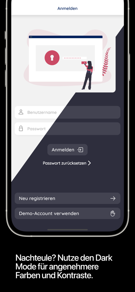 Der Anmeldebildschirm der Storyban-App mit Feldern für Benutzername und Passwort im Dark Mode.