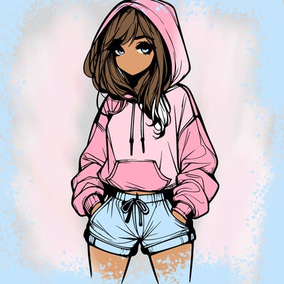 realistic girl in shorts and hoodie