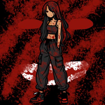 girl in baggy pants crop top and long hair