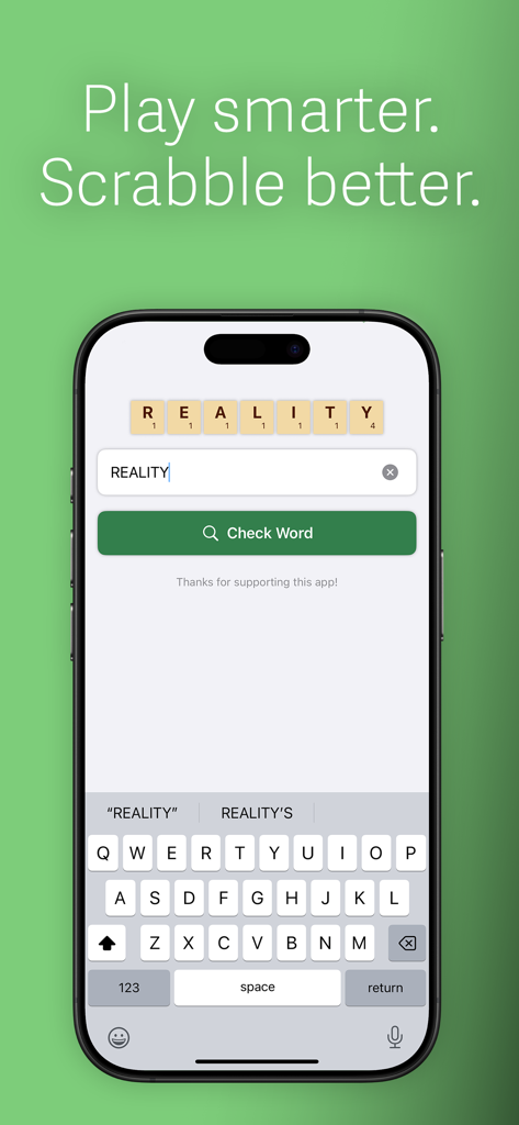 Una pantalla de smartphone que muestra la aplicación Scrabble Dictionary Checker con la palabra REALITY deletreada en fichas y un botón de verificar palabra