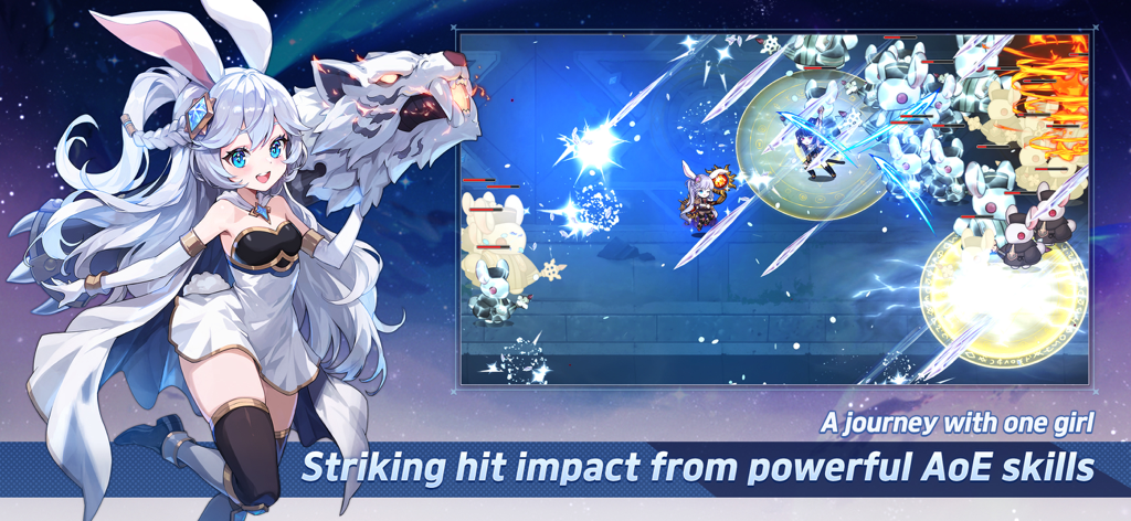 Idle MoonRabbit: AFK RPG - Anime girl character Lyn next to a mobile gameplay scene showing powerful AoE skills in Idle MoonRabbit