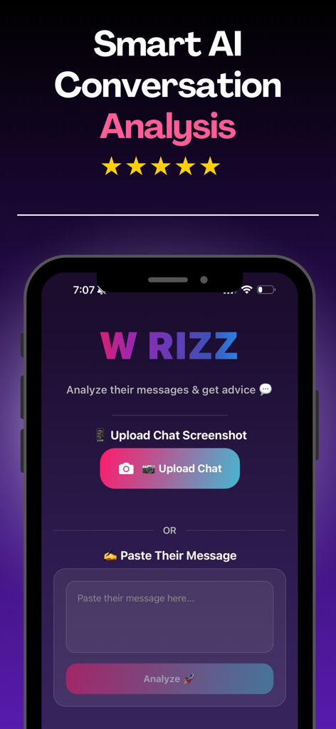 W Rizz: AI Dating Assistant - Interfaz de la aplicación W Rizz para análisis inteligente de conversaciones de citas por IA y carga de capturas de pantalla de chat