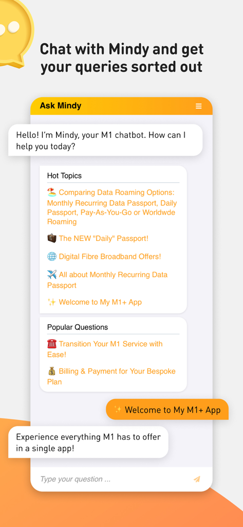 Interface of Mindy the chatbot in the My M1 plus app providing customer support for data and billing queries