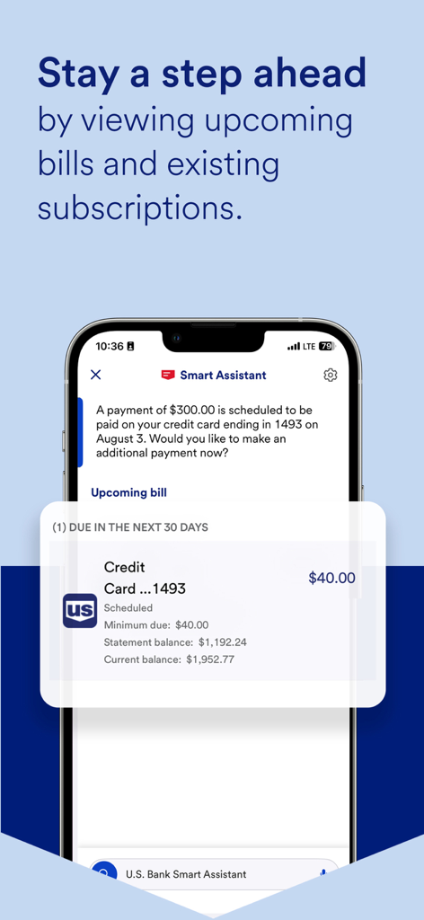 US Bank app Smart Assistant screen displaying upcoming credit card bill payment and subscription tracking
